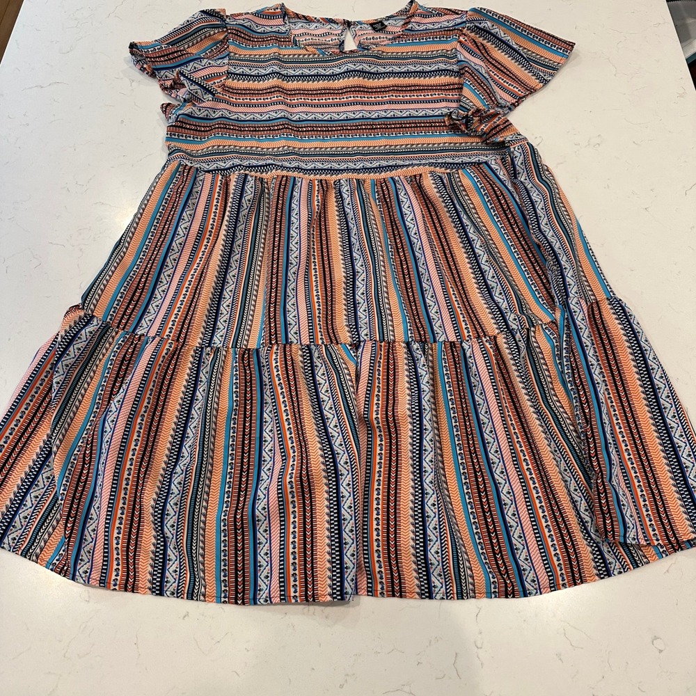 Shein Curve Womens 1XL Tribal Geometric Tiered Babydoll Mini Dress Multicolor